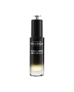 Filorga GLOBAL-REPAIR ADVANCED eliksir 30 ml - izniman kozmetički proizvod koji objedinjuje učinkovitost seruma s hranjivom snagom ulja. Crno žuto srebrna bočica proizvoda na bijeloj pozadini. 