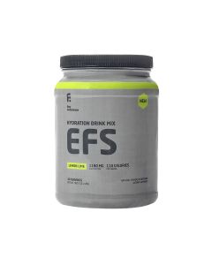 First Endurance EFS Lemon Lime - je izotonični elektrolitski napitak u prahu s prirodnom aromom limuna-limete, izvrsnog okusa i odlične topljivosti u vodi. Proizvod je u sivoj boci sa žutim dijelovima na bijeloj pozadini.