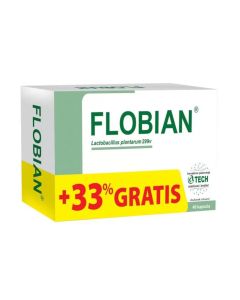 Flobian Kapsule A30+A10 - U borbi protiv nadutosti i plinova u trbuhu, Flobian djeluje direktno na uzrok problema jer sprječava vezanje štetnih bakterija, kao i apsorpciju njihovih toksina. Bijelo zelena kutija s žuto crvenim dijelom na bijeloj pozadini.