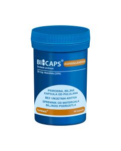 FORMEDS BICAPS Ashwagandha - podržava učenje i pamćenje. Pomaže tijekom razdoblja stresa i podržava održavanje optimalne razine energije i izdržljivosti. Tamno plavo narančasta bočica proizvoda na bijeloj pozadini.