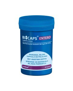 FORMEDS BICAPS ENTERO 60 kom - preporuča se kod uzimanja svake antibiotske terapije radi održanja zdrave crijevne mikroflore te se jedini može uzimati u isto vrijeme s antibioticima. Tamno plava bočica na bijeloj pozadini.