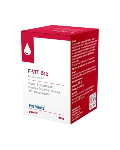 FORMEDS BICAPS F-VITAMIN B12 60 kapsula - Vitamin B12 je uključen u metabolizam homocisteina. Štiti krvne žile od oštećenja uzrokovanih homocisteinom. Bijelo crvena kutija proizvoda na bijeloj pozadini.