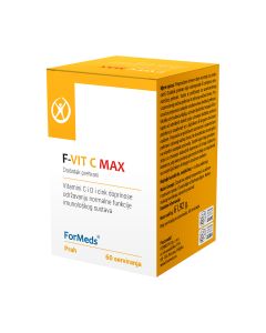 FORMEDS F-VIT C MAX prah 61,92 g - Vitamin C, vitamin D i cink doprinose normalnoj funkciji imunološkog sustava. Vitamin C i cink doprinose zaštiti stanica od oksidativnog stresa. Žuto bijela kutija proizvoda na bijeloj pozadini.