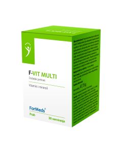 FORMEDS F-VIT MULTI prah 47,75 g - podupire održavanje optimalne razine vitamina i minerala u tijelu, osiguravajući njegovo pravilno funkcioniranje. Bijelo zelena kutija proizvoda na bijeloj pozadini.