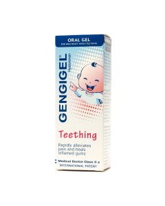 Gengigel Prvi zubići 20 ml - gel koji olakšava bol i oticanje desni te pomaže u zacjeljivanju desni prilikom nicanja zuba. Bijelo plavo crvena kutija proizvoda na bijeloj pozadini.