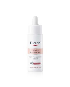 Eucerin Anti-Pigment dvofazni serum - novo 30 ml - učinkovito smanjuje hiperpigmentacije i sprječava njihovo ponovno pojavljivanje. Srebrno bakreno bijela bočica s pumpicom i kutija proizvoda na bijeloj pozadini.