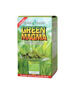 Green Foods Zelena magma 320 tableta - organski dehidrirani sok mladog lišća ječma dobiven posebnim postupkom kojim su očuvani svi vrijedni nutritivni sastojci. Zeleno žuta kutija proizvoda na bijeloj pozadini.