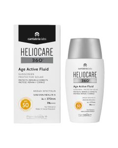 HELIOCARE 360° Age Active Fluid SPF 50+ - Njegova ultra lagana fluidna tekstura, savršena je za sve tipove kože, ostavlja glatku i baršunastu kožu i smanjuje znakove starenja zahvaljujući tehnologiji mekog fokusa. Bijelo crna kutija i bočica proizvoda na 