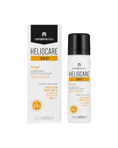 HELIOCARE 360° Airgel SPF 50+ -  Njegova pjenasta tekstura čini Heliocare 360° airgel ultra laganim i osvježavajućim za kožu, a dozator kontrolira količinu proizvoda koja se nanosi. Bijelo narančasto crna kutija i bočica proizvoda na bijeloj pozadini. 