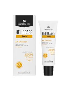 HELIOCARE 360° AK Emulsion SPF 50+ - Pomoćno zaštitno liječenje kod aktinične keratoze (AK) i drugih oblika nemelanomskog karcinoma kože (NMSC). Bijelo narančasto crna kutija i tuba na bijeloj pozadini.