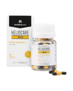 HELIOCARE 360° D Plus Capsules - Oralna foto-zaštita u razdobljima visokog intenziteta sunca s vitaminom D. Za sve tipove kože intenzivno izložene suncu i one s kožnim poremećajima. Bijelo crno narančasta kutija i bočica proizvoda na bijeloj pozadini.