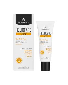 HELIOCARE 360° Gel Oil-Free SPF 50 - dizajniran je za najzahtjevnije kože u potrazi za punom zaštitom i laganom teksturom, bez ulja, s kontrolom sebuma i mat završnom obradom. Bijelo narančasto crna kutija i tuba proizvoda na bijeloj pozadini.