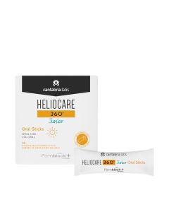 HELIOCARE 360° Junior Oral Sticks - Prirodnog porijekla, oralna foto-zaštita u vrećicama s Fernblockom®+ povećava otpornost dječje kože na sunce smanjujući rizik od opeklina. Bijelo narančasto crna kutija i vrećica proizvoda na bijeloj pozadini.