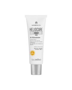 HELIOCARE 360º MD A-R Emulzija SPF 50+ 50 ml - vrlo visoka zaštita od sunca za osjetljivu kožu sklonu crvenilu s laganom teksturom za glatki finiš koji blijedi crvenilo. Bijelo srebrna tuba proizvoda na bijeloj pozadini.