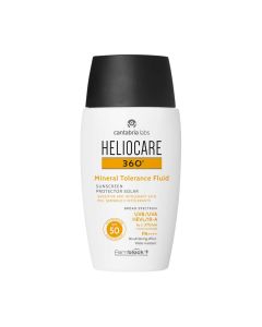 HELIOCARE 360° Mineral Tolerance Fluid SPF 50 - Visoka 100% mineralna foto-imuno zaštita s tekućom teksturom i laganim osjećajem na koži. Bijelo narančasto crna bočica proizvoda na bijeloj pozadini.