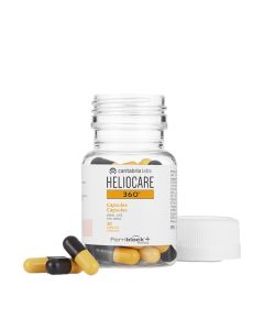 HELIOCARE 360° Oral - Jedinstvena formula u skladu je s maksimalnom zaštitom Heliocare® 360º linije koja uključuje Fernblock® +, cistein, vitamine i prebiotike. Bijela otvorena bočica s čepom sa strane na bijeloj pozadini i crno žute kapsule proizvoda.