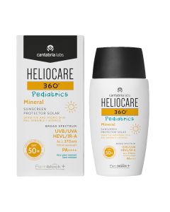 HELIOCARE 360° Pediatrics Mineral SPF50+ - pruža zaštitu od sunca za bebe i djecu s atopijskom ili osjetljivom kožom. Bijelo narančasto crna kutija i bočica proizvoda na bijeloj pozadini.