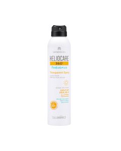 HELIOCARE 360° Pediatrics Spray SPF 50+ - pruža zaštitu od širokog spektra sunčeve svjetlosti (UVB, UVA, HEVL i IR) u aerosolnom formatu. Bijelo crna bočica s sprejom na bijeloj pozadini.