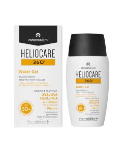 HELIOCARE 360° Water Gel SPF 50+ - Intenzivni hidratantni gel na bazi vode brzo se upija i ima jedva primjetnu mat završnu fazu. Bijelo narančasto crna kutija i bočica proizvoda na bijeloj pozadini.