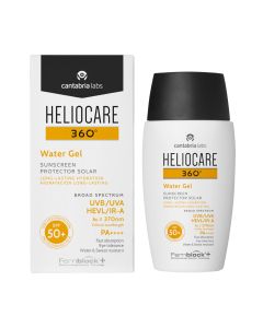 HELIOCARE 360° Water Gel SPF 50+ - Intenzivni hidratantni gel na bazi vode brzo se upija i ima jedva primjetnu mat završnu fazu. Bijelo narančasto crna kutija i bočica proizvoda na bijeloj pozadini.