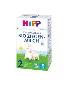 HiPP 2 BIO Kozje mlijeko 400 g - HiPP 2 prijelazna mliječna hrana od BIO kozjeg mlijeka, spaja svo naše znanje i iskustvo s blagim BIO sastojcima za sretne trbuščiće, nakon 6. mjeseca. Bijelo zeleno plava kutija na bijeloj pozadini.