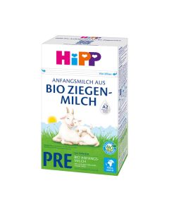 HiPP PRE BIO Kozje mlijeko 400 g - početna mliječna hrana od BIO kozjeg mlijeka, spaja svo naše znanje i iskustvo s blagim BIO sastojcima za sretne trbuščiće. Bijelo zeleno plava kutija na bijeloj pozadini.