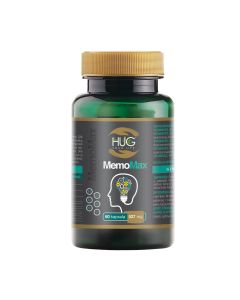 HUG YOUR LIFE MemoMax MemoMax - je proizvod s 5 različitih biljnih ekstrakata među kojima su bakopa, gotu kola, ginko, guarana i melisa u sinergiji s koenzimom Q10. Proizvod je u zelenoj bočici s crnom etiketom na bijeloj pozadini.