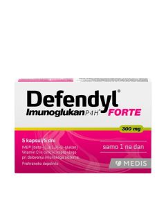 Imunoglukan Defendly PH4 FORTE - 5 kapsula u pakiranju, 1 kapsula dnevno. Dodatak prehrani u kapsulama koji osim Imunoglukana (300 mg) sadrži i vitamin C i cink, koji imaju ulogu u radu imunološkog sustava. Proizvod je u bijelo rozoj kutiji na bijeloj poz