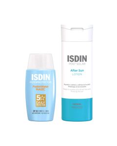 ISDIN Fusion Water Magic SPF50 50 ml + After sun lotion 200 ml - set za njegu kože tijekom i nakon izlaganja suncu.