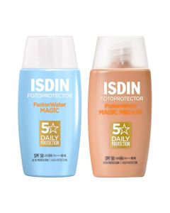 ISDIN Fusion Water Magic SPF50 50 ml + Fusion Water Color Medium SPF50 50 ml Set - set za zaštitu lica od sunca, krema sa SPF50 i tonirana krema sa SPF50 medium.