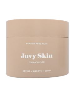 Juvy Skin OVERACHIEVER PEPTIDE PEEL PADS 40 komada - 2-u-1 multitasker: za eksfolijaciju, hidrataciju i zaštitu vaše kože u samo jednom potezu. Bež smeđa posudica s bijelim slovima na bijeloj pozadini.