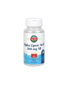 Kal Alpha Lipoic Acid SR 300mg - u preporučenoj dnevnoj dozi od jedne VEG-kapsule s postupnim otpuštanjem sadrži 300 mg alfa-lipoične kiseline. Proizvod u bijelo plavoj bočici na bijeloj pozadini.