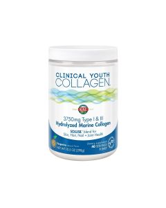 Kal Clinical Youth Collagen™ Powder - u obliku praha s prirodnom aromom mandarine, formula je koja sadrži dva tipa kolagena. Proizvod je u bijelo plavoj bočici na bijeloj pozadini.