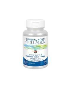 Kal Clinical Youth Collagen™ - formula sadrži dva tipa kolagena - tip I koji prevladava u kostima, hrskavicama i dermisima te tip III koji je prisutan u glatkim mišićima i unutrašnjim organima. Proizvod u bijelo plavoj bočici na bijeloj pozadini.