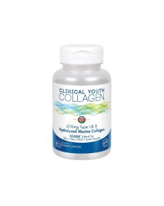 Kal Clinical Youth Collagen™ - formula sadrži dva tipa kolagena - tip I koji prevladava u kostima, hrskavicama i dermisima te tip III koji je prisutan u glatkim mišićima i unutrašnjim organima. Proizvod u bijelo plavoj bočici na bijeloj pozadini.