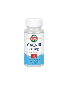 Kal CoQ-10 60mg - je mješavina vitamina A, vitamina E i koenzima Q-10. Ovaj proizvod u jednoj kapsuli pruža 60 mg Koenzima Q-10. Proizvod je u bijelo plavoj bočici na bijeloj pozadini.