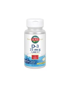 Kal D-3 1000 IU - jednom perlom osigurava unos od 25 µg vitamina D u obliku kolekalciferola (D3) uz dodatak 60 µg RE vitamina A. Proizvod je u bijelo plavoj bočici na bijeloj pozadini.