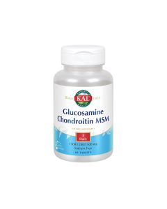 Kal Glucosamine Chondroitin MSM - je jedinstvena mješavina, koja u jednoj tableti nudi 500 mg MSM (metilsulfonilmetan) i glukozamin sulfata KCI, 400 mg kondroitin sulfat kalcija uz dodatak vitamina C i kalija. Proizvod je u bijelo plavoj bočici na bijeloj