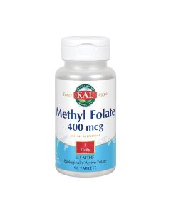 Kal Methyl Folate - je biološki aktivan i bioraspoloživ, prirodni oblik folata koji tijelo može apsorbirati direktno bez pretvorbe. Proizvod je u bijelo plavoj bočici na bijeloj pozadini.