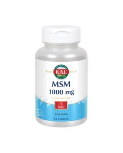 Kal MSM - formula pruža 1000 mg MSM (metilsulfonilmetan) u kombinaciji s vitaminom C (askorbinska kiselina), kalijem (kalij citrat) i manganom (aminokiselinski kelat). Proizvod je u bijelo plavoj bočici na bijeloj pozadini.