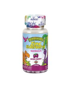 Kal Zinc Elderberry ActivMelt™ - dječja cink formula dolazi u obliku mikro tableta koje se brzo otapaju te imaju ugodan okus šumskog voća. Proizvod je u šarenoj bočici s uzorkom dinosaura na bijeloj pozadini.