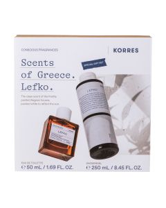KORRES LEFKO SET toaletna vodica 50 ml + GRATIS gel za tuširanje 250 ml - cvjetni miris đurđevka, ruže i božura obgrljeni slatkim mošusom te drvenastom bijelom sandalovinom, njega za tijelo.