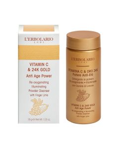 L'Erbolario Vitamin C & Oro 24K čistač za lice u prahu 35 g - revolucionarni puder za čišćenje koji se u dodiru s vodom pretvara u nježnu pjenu za čišćenje, pogodan je za sve tipove kože. Bijelo zlatno smeđa kutija i zlatno smeđa bočica proizvoda na bijel