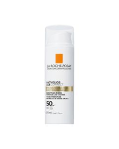 La Roche-Posay ANTHELIOS UV DNEVNA ANTI AGE KREMA ZA LICE s vrlo visokom zaštitom za osjetljivu kožu SPF50 50 ml - sprječava i ublažava znakove starenja nakon 4 tjedna. Bijelo narančasta bočica s pumpicom na bijeloj pozadini.