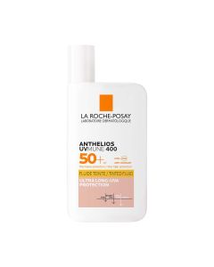 La Roche-Posay ANTHELIOS UVMUNE 400 Tonirani fluid SPF50+, 50 ml -  za zaštitu od sunca za lice nudi široki spektar anti-UVA + UVB + ultra-dugu UVA zaštitu i daje veću otpornost koži. Bijelo narančasta bočica proizvoda na bijeloj pozadini.