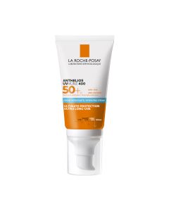 La Roche-Posay ANTHELIOS UVMUNE 400 ULTRA HYDRATING CREAM SPF50+ - NOVO - S filterom MEXORYL400, našim najučinkovitijim UV filterom koji štiti od najpodmuklijih UV zraka. Proizvod je u narančasto bijeloj tubi s pumpicom na bijeloj pozadini.