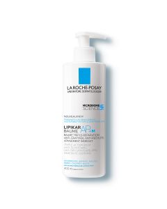 La Roche-Posay LIPIKAR balzam  za nadopunu lipida 400 ml - umiruje kožu, sprečava svrbež i ponovno pogoršanje stanja kože. Pogodan za upotrebu kod atopijskog dermatitisa. Bijelo plava bočica s pumpicom na bijeloj pozadini.