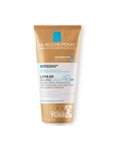 La Roche-Posay LIPIKAR BAUME Light AP+M Eco Balzam za nadopunu lipida protiv nadraženosti i svrbeža, pogodno za djecu i odrasle, 200 ml. Smeđe plavo bijela tuba na bijeloj pozadini.