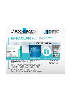 La Roche-Posay EFFACLAR Adult rutina za njegu masne kože sklone nepravilnostima - set sa tri proizvoda za njegu, piling serum, gel za čišćenje lica i krema za zaštitu od sunca.