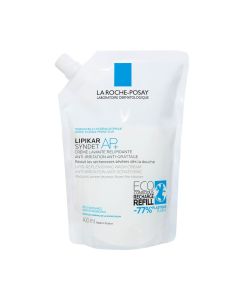 La Roche-Posay LIPIKAR SYNDET AP+ Kremasti gel za tuširanje protiv nadraženosti i svrbeža, pogodno za bebe, djecu i odrasle REFILL, 400 ml - bijelo plava vrećica proizvoda na bijeloj pozadini.